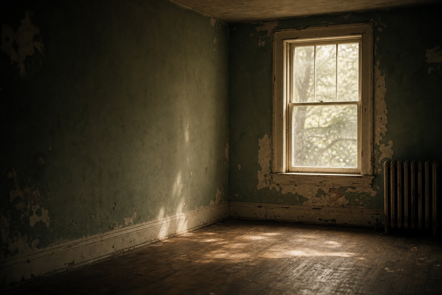 A tired, unrepaired room with peeling paint — the as-is reality a seller doesn't have to fix